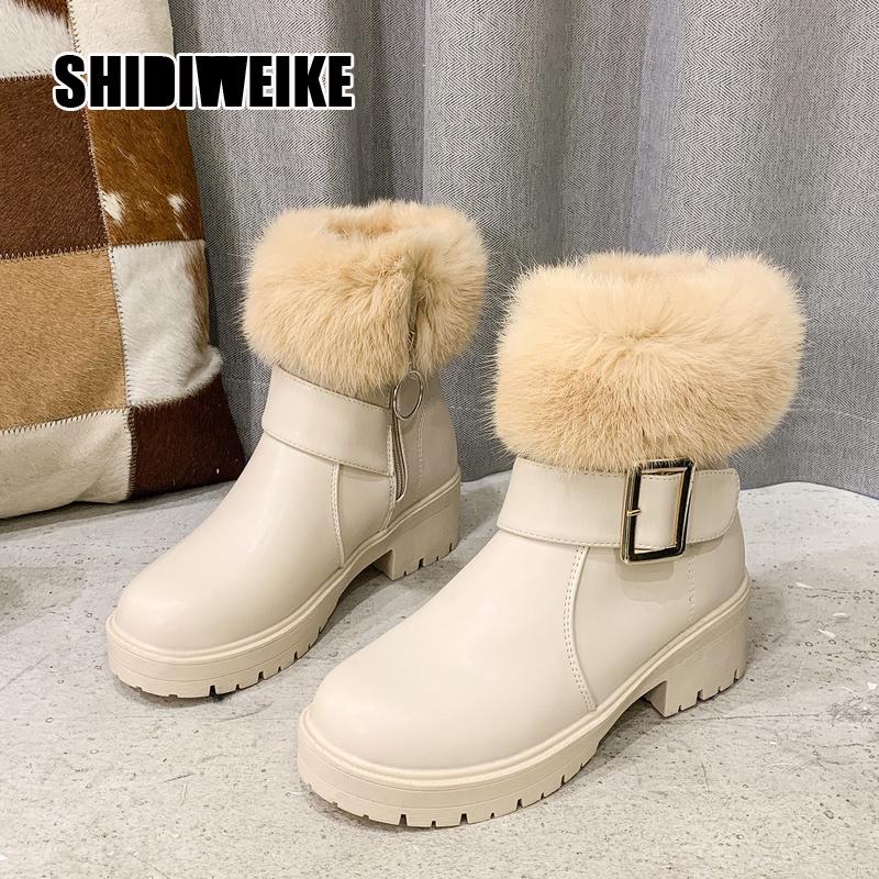 

Boots Women Winter Plush Shoes Casual Platform Mid-Calf Boots Ladies Buckle Wedge Snow Female Leather 2020 va136, Black