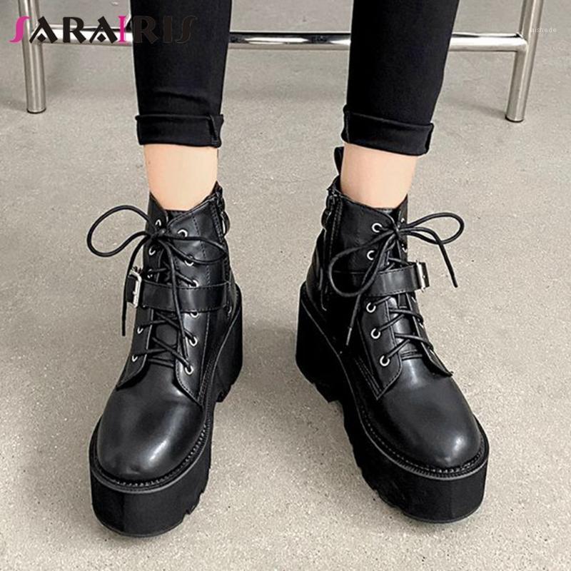 

SaraIris Balck Lace Up Zipper Platform Ankle Boots Women Thick Bottom Buckle Strap Cool Boots Ladies Shoes1, Black