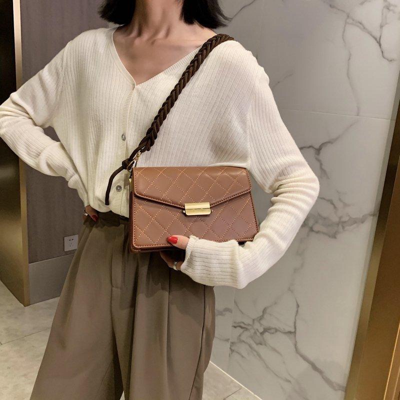

Ladies Bag 2021 New Fashion Simple Famous Original Design PU Leather Square Bag Rope Shoulder Messenger Designer, Black
