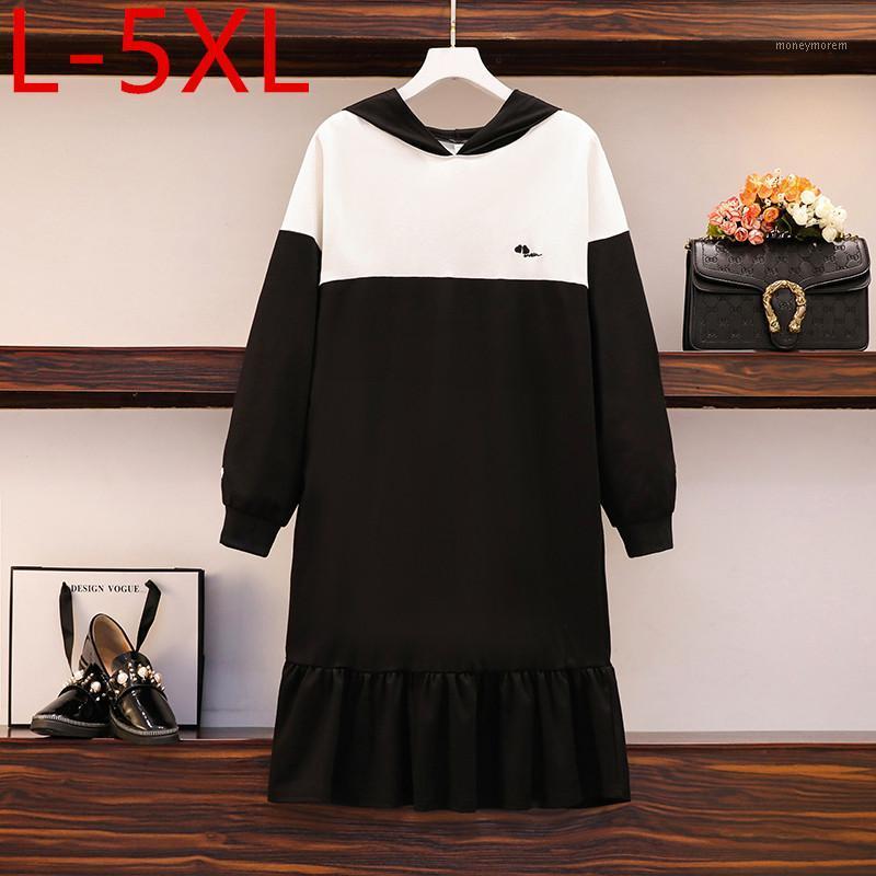 

5XL Plus Size 2021 Spring Autumn Women's Long Sleeves Patchwork Hooded Casual Loose Dress Ladies Dresses Oversize S2541, As pic