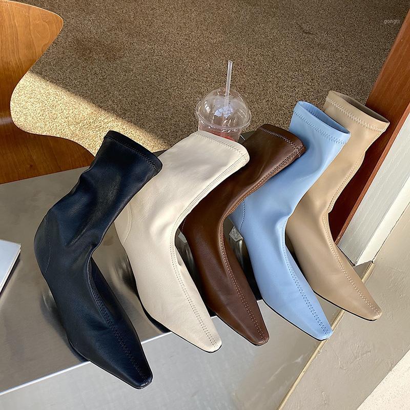 

Women 2021 INS Winter Clear Low Heels Blue Sock Boots High Heels Chelsae Boots Designer Beige Leather Elastic Ankle Shoes1, Black