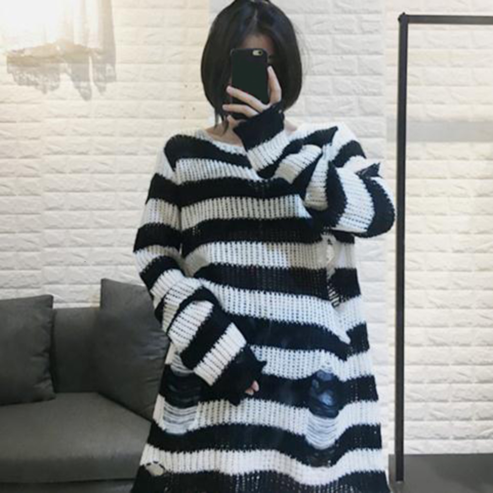 

2021 New Spring Chic Knitted Korean Women Long Pullovers Striped Loose Halloween Ripped Size Sweaters Jumpers Mujer Y1KX, White