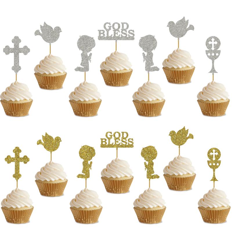 

2 set Primera Comunión Cute Cupcake Topper Boys Girls Prayer God Bless For Kids First Holy Communion Party Cup Cake Decoration