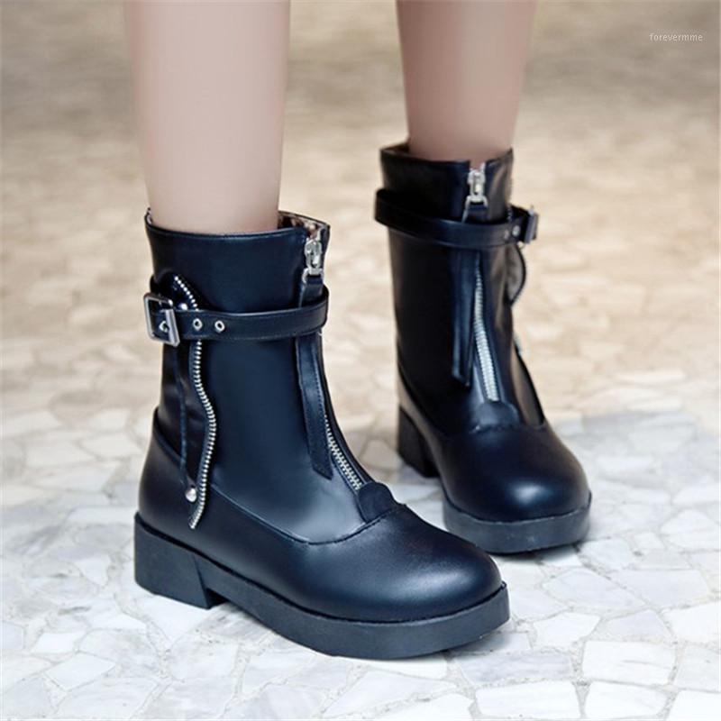 

PXELENA Vintage Buckle Front Zip Gothic Punk Ankle Boots Women Chunky Low Heels Combat Biker Motorcycle Bootie Lady Shoes1, White