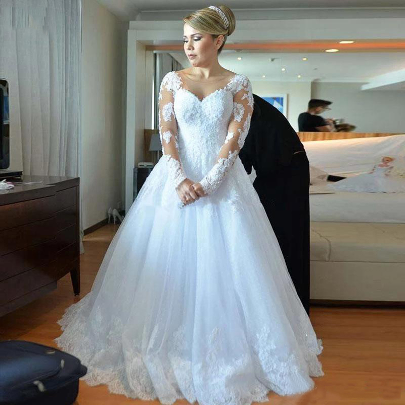

Vintage Long Sleeves A Line Lace Wedding Dresses with Beads Appliques Jewel Neck Sweep Train Tulle Plus Size Bridal Gowns, White