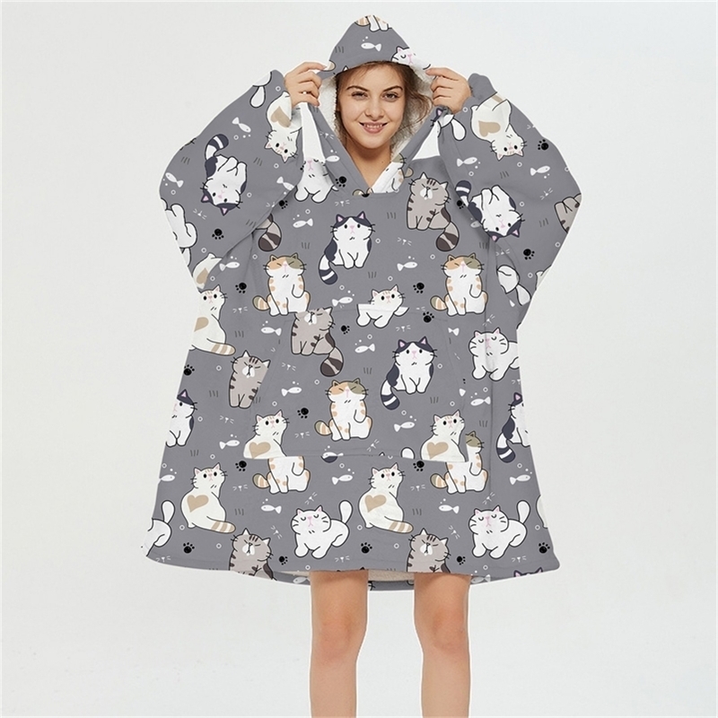 

40#Wearable Adults Hoodie Casual Front Pocket Oversized Blanket Loose Sweatshirt Women Cute Cat Print Pullover Soft Warm Tops 201216