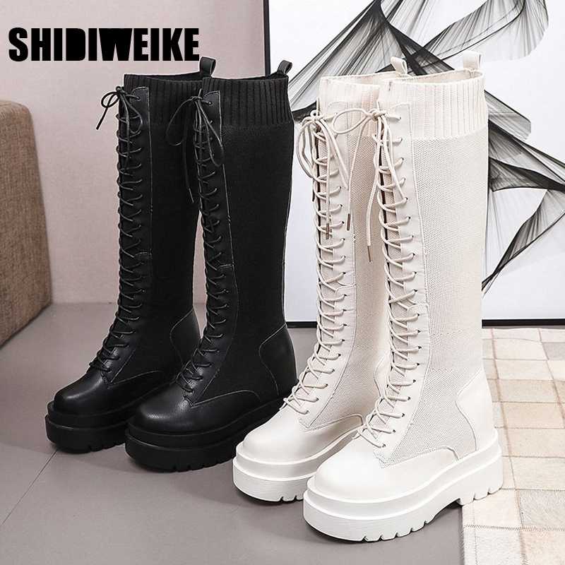 

knee Boots Women motorcycle Gothic boots knitting wedges shoes platform High Heels Shoes woman lace up botas zapatos, White