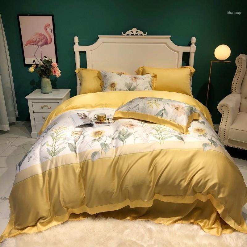 

47 Duvet Cover Sets Ultra Soft Tencel Silk Bedding Set HD Printed Spring Flowers Bedding BedSheet Queen King size 4Pcs1, Color 6