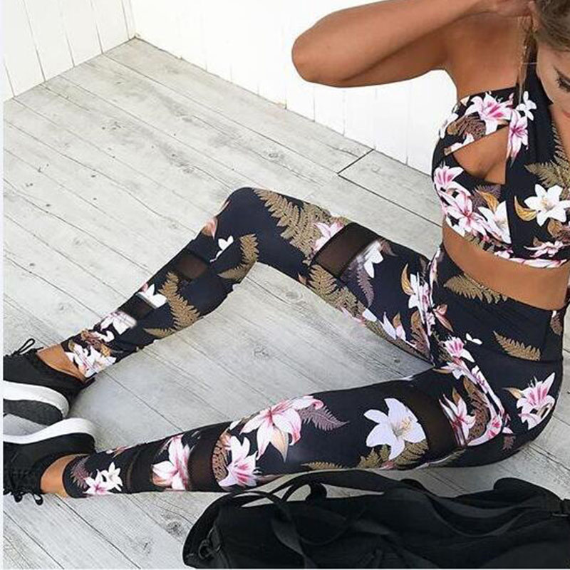 

2 Pcs Women' Yoga Set Floral Print Women Sexy Tracksuit For Women Gym Fitness Clothes Bra+Long Pants Running Tights Sportswear
