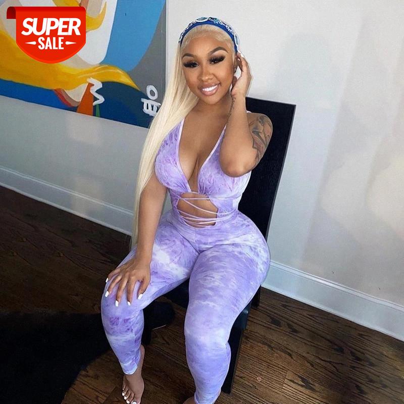 

Bandage Tie Dye Hollow Out Rompers Womens Jumpsuit Fitness Sleeveless Push Up Bodycon Party Jumpsuits V Neck Sexy Hot #jk3Y, Black;white