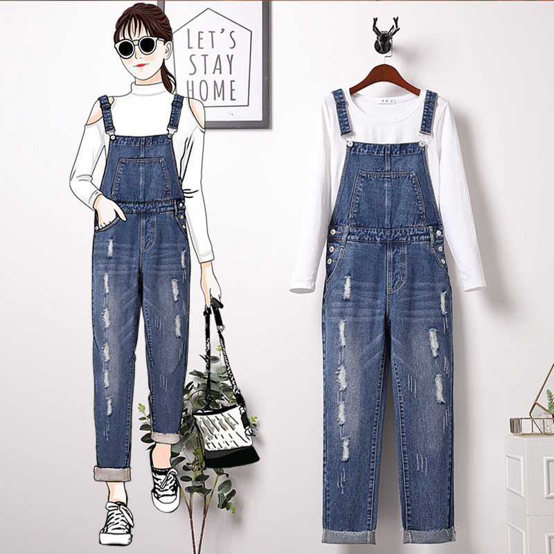 

2021 New Plus Size 5xl Retro Washed Straps Denim Jumpsuit with Buckles Pockets Overalls High Waist Hole Jeans Suspenders Jumpsuits I92m, Denim overalls