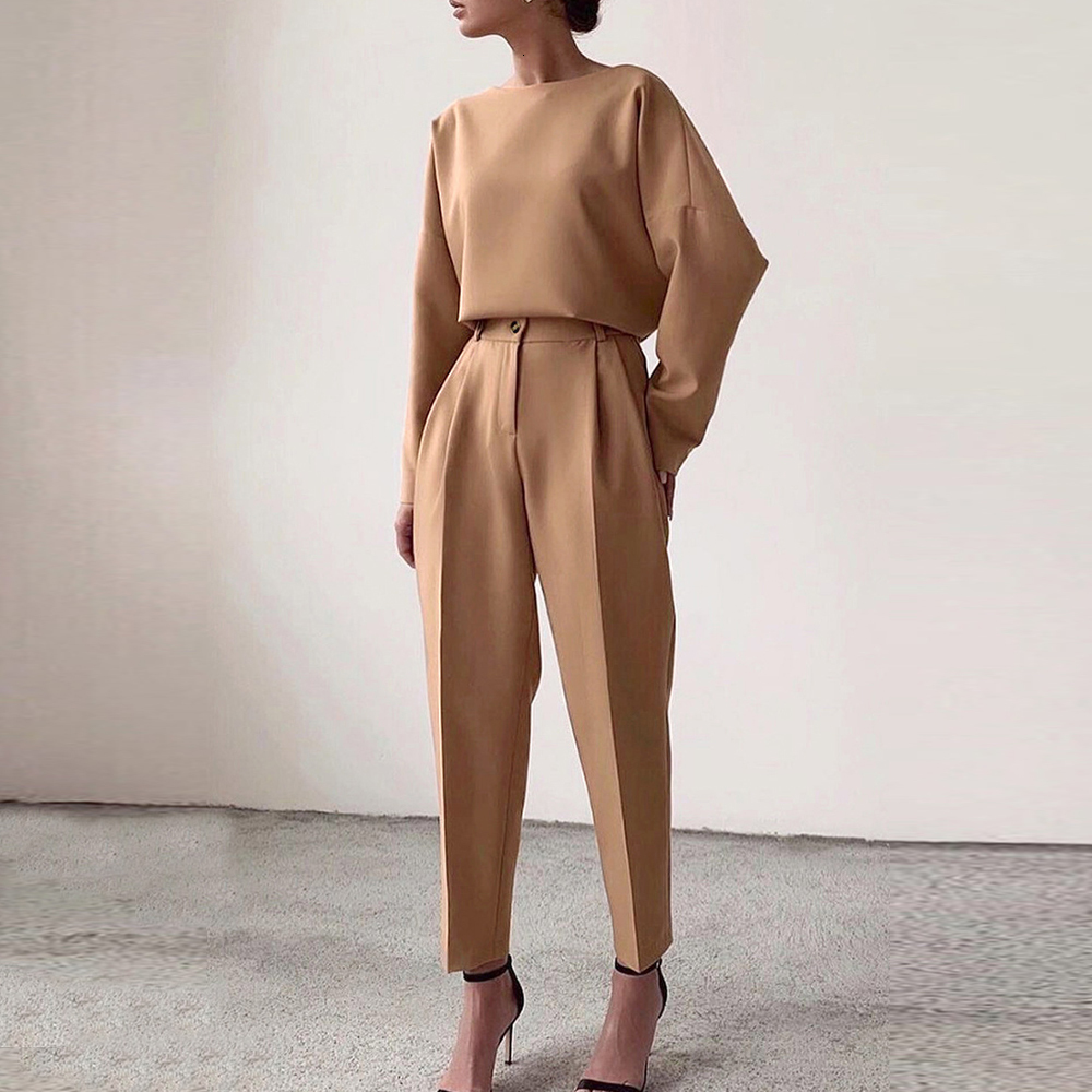 

2021 New Casual Pure Color Elastic High Waist Straight Pocket Women Fashion Pants Pantalon Female Trousers Zh0w, Top brown