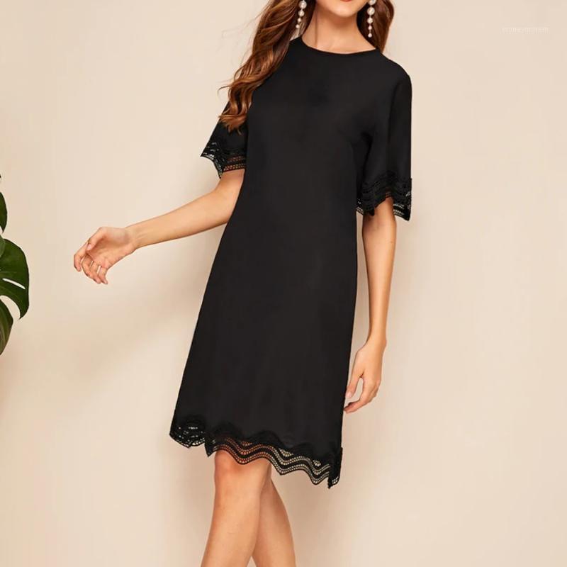 

Fashion New Spring 2020 Ladies Short Sleeve Lace Solid Color Dress Women Fashion O-Neck Lace Short Sleeve Beach Pure Color Knee1, Black