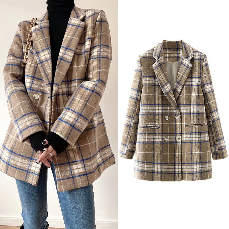 

Winter Women Classical Plaid Wool Woolen Overcoat Female Thicken Warm Jacket Coats Vintage Double-Breasted Minimalist Outwear