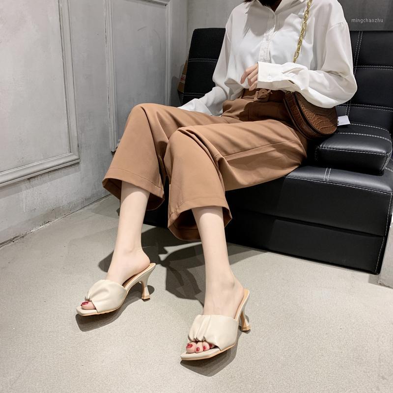 

Black Beige Pleated Slippers Women High Heel Slippers Sandals Summer Fashion PU Leather Slides Women Open Toe Slides 20201