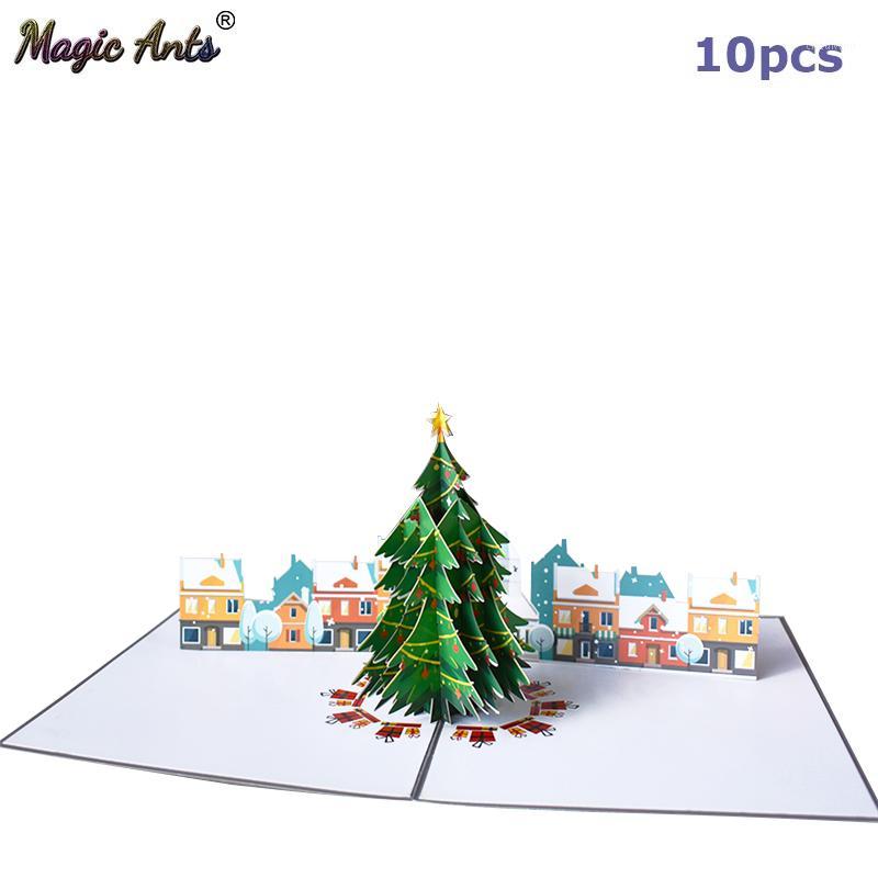 

10 Pack Merry Christmas Card Christmas Tree -Up Cards with envelope Stickers Laser Cut New Year Greeting Cards Gifts Handmade1