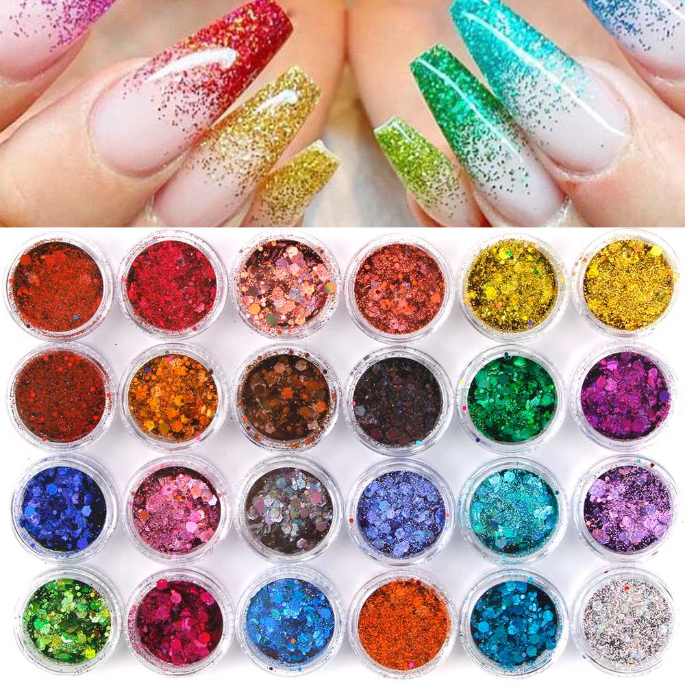 

24 Jars/Lot Holographic Powder Rainbow Nail Glitter Powder Manicura Decoracion 24 Colors Face Body Eye Nails Accessories