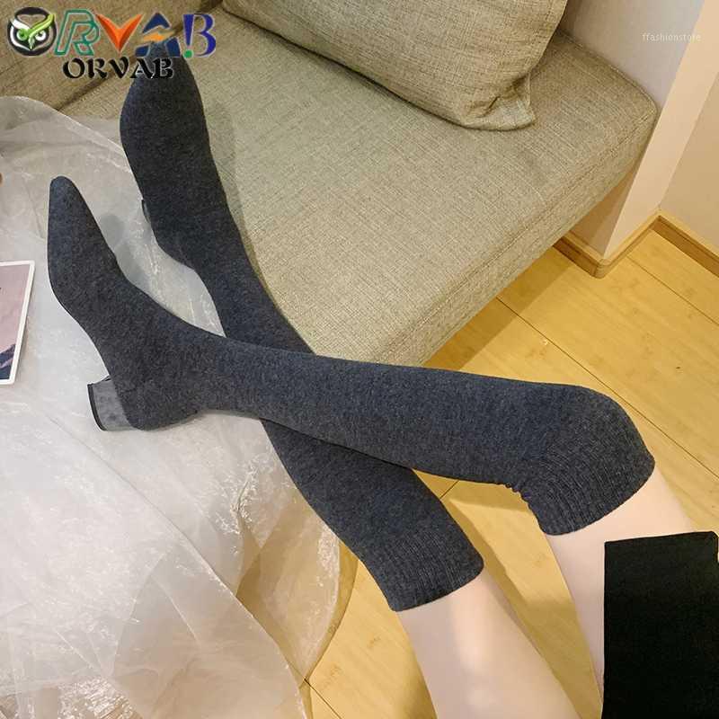 

Sock Long Boots Autumn Winter New Fashion Slip-On Sock Shoes Woman Over The Knee Boots Pointed Toe Thigh High Ladies Slim1, Black