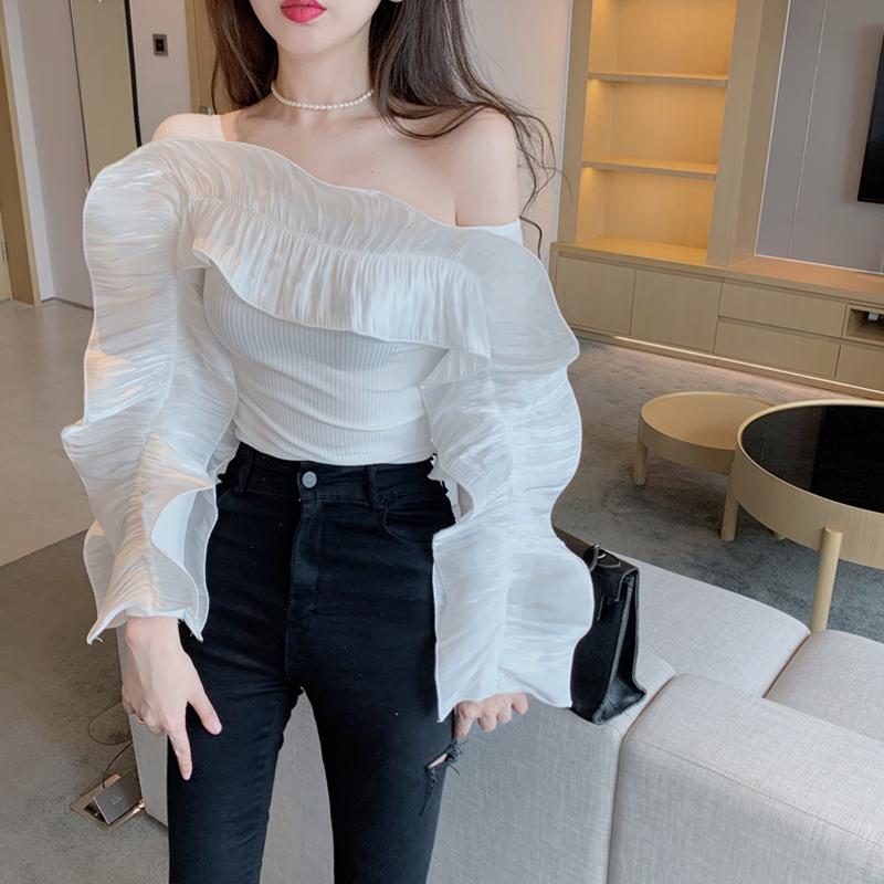 

Women's Blouses & Shirts Blusas Mujer Temperament Wild Sexy Slash Neck White Shirt Women Off The Shoulder Ruffled Tops Elegant Black Blouse
