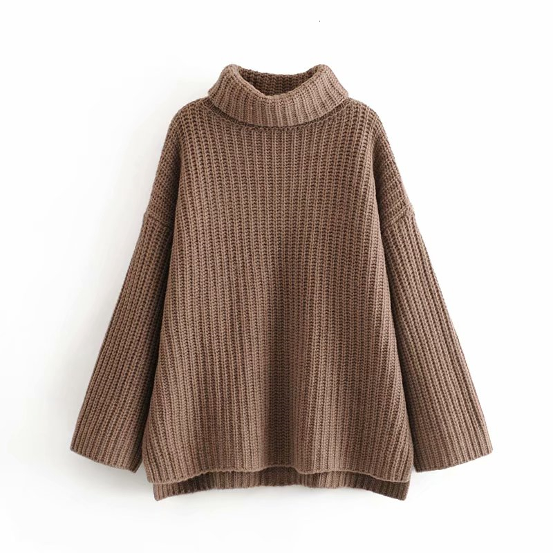 

2021 New Grossa Senhoras Elegantes De Gola Alta Pullovers Causal Feminino Solto Camisola Menina Chique 3ndl, Brown