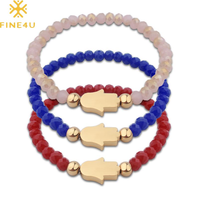 

FINE4U B188 Gold Color Stainless Steel Palm Charm Bracelet For Men Women Adjustable Beaded Bracelets Crucifix Rosary Jewelry