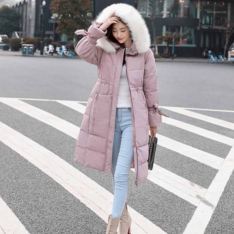 

JuneLove Winter Large Fur Collar Hooded Long Jacket Overcoat Women Thick Zipper Cotton Padded Parka Elegant Sash Tie Up Outwears1, Beige