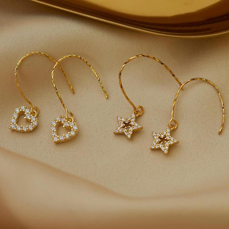 

KOFSAC Women Jewelry New 925 Sterling Silver Earrings Trendy Shiny Zircon Gold Heart Star Earring Lady Anniversary Accessories