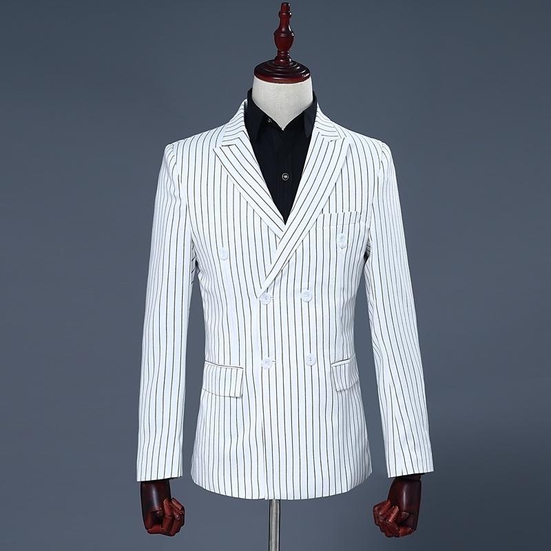 

Mens White Double Breasted Blazer Coat Stripe Pants Two Piece Suit Set Male Slim Fit Wedding Party Suits Set -2XL
