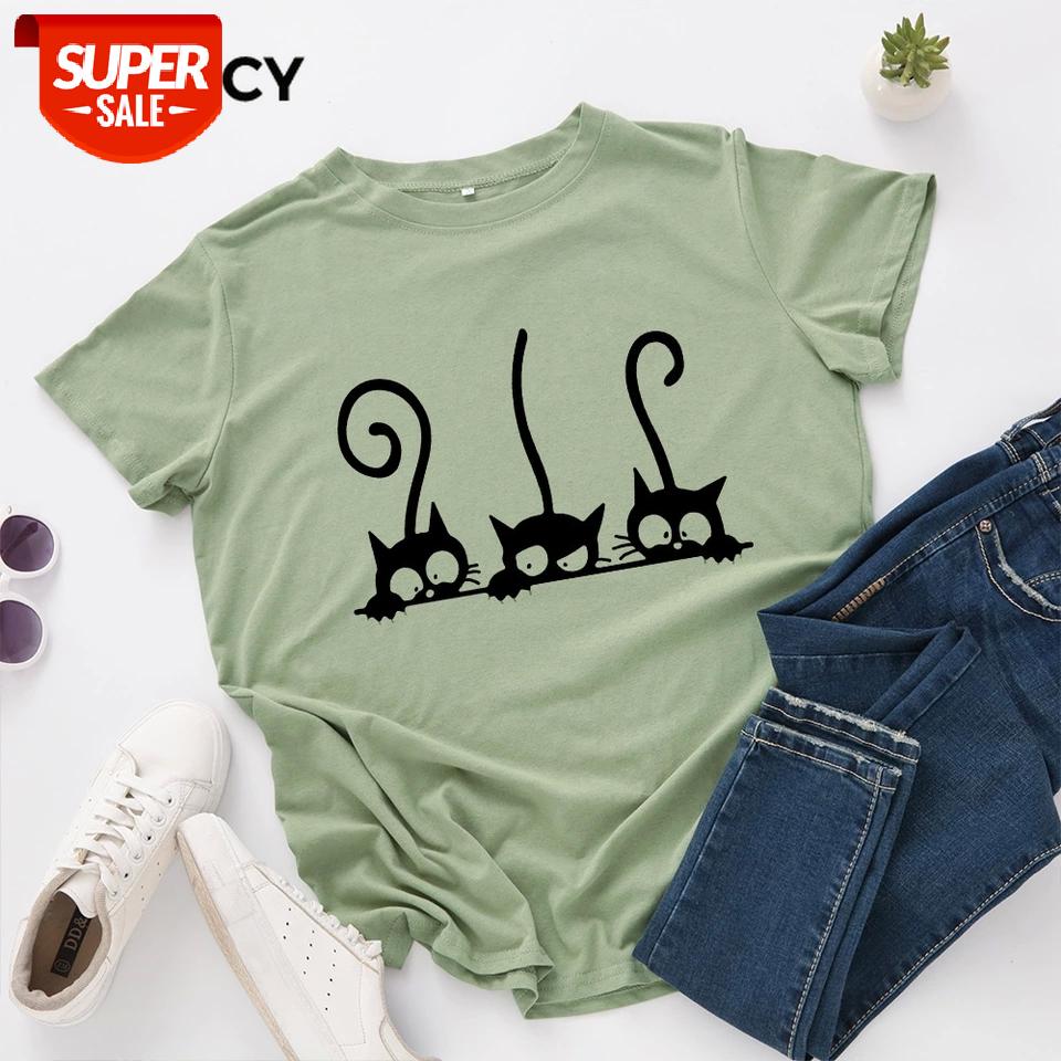 

JFUNCY Plus Size Women T Shirt New Cat Print T-shirts Female Short Sleeve Cotton Tees Tops Woman Summer Tshirt #Si9f, White