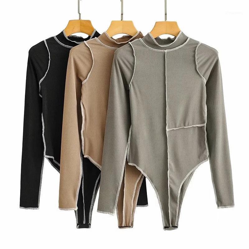 

Women' Jumpsuits & Rompers The Fashion Woman 2021 Spring Trend Half-high Neck Top Line Slimming Slim Long-sleeved One-piece Shorts Solid Co, Black