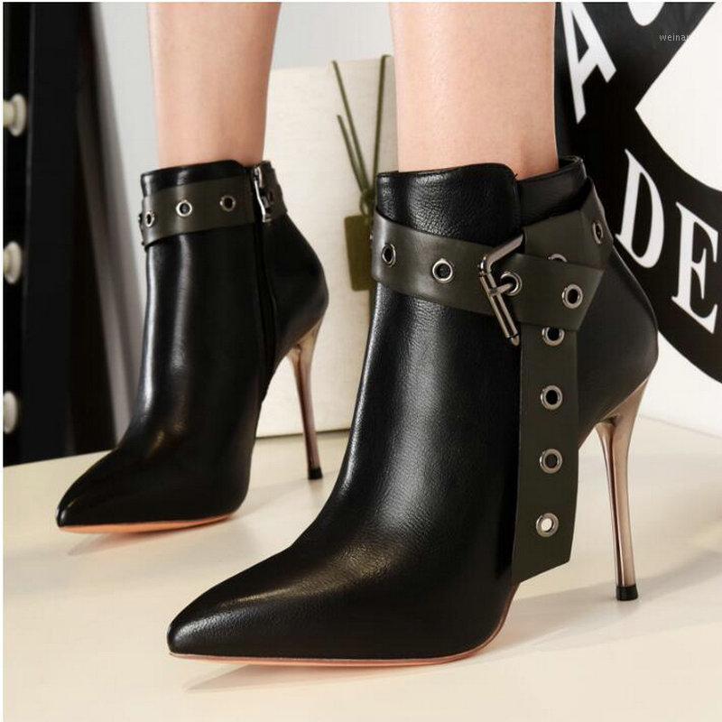 

Brand zipper rivet Boots Woman Sexy Pointed Toe thin heel High Heels 9 cm leather Ankle boots A63-39 JY1, Brown