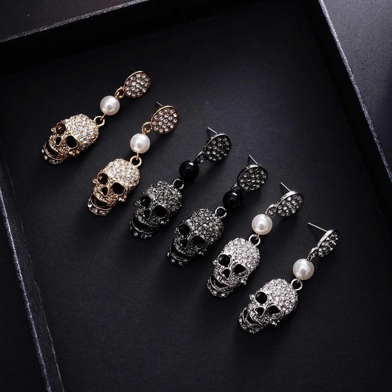 

Dangle & Chandelier Punk Halloween Full Rhinestones Skull Drop Earrings Gold Color Alloy Simulated Pearl For Women Party Jewelry