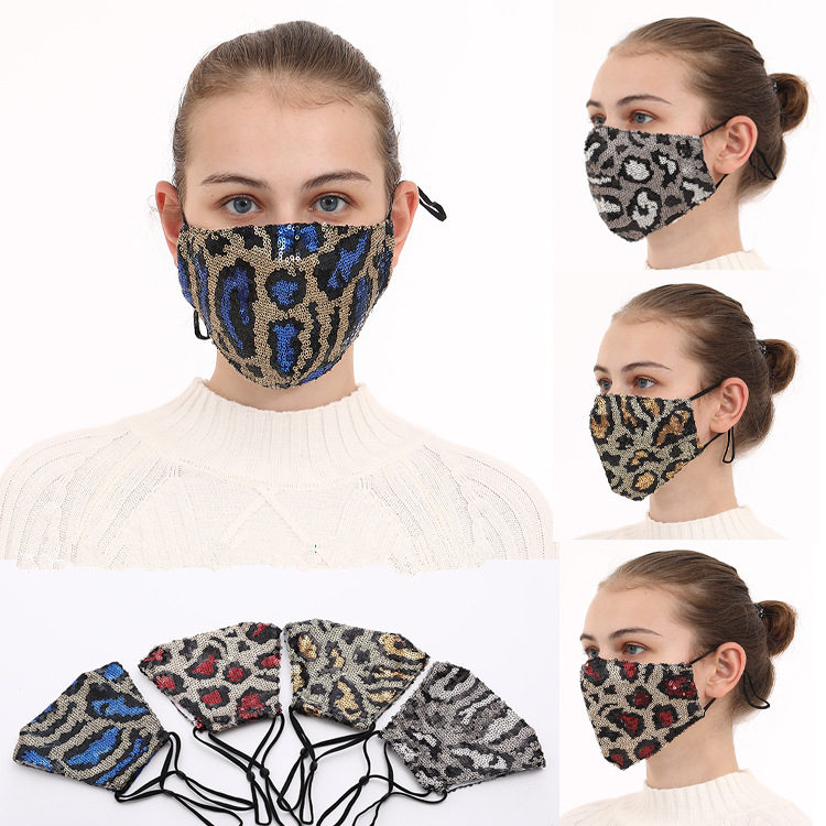 

US STOCK Fashion Bling Bling Leopard Sequins Face Mask Dustproof Mouth Masks Designer Washable Reusable Women Face Mask FY9240