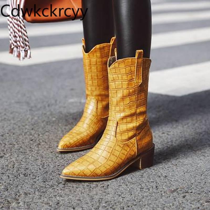 

Winter The Fashion Pointed Thick Heel Boots Yellow Personality Plus Cashmere Keep Warm High Women 34-47, Black