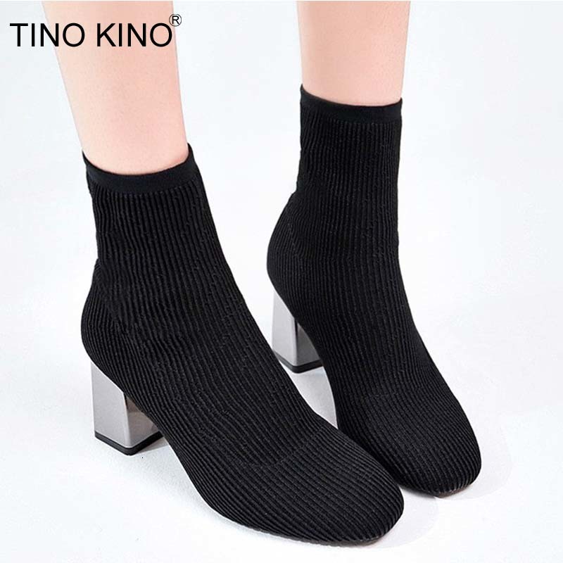 

2021 Women Socks Ankle Fashion Shoes Ladies Autumn Winter Square Toe High Heels Woman Knitted Boots New Footwear 6cmx, Red