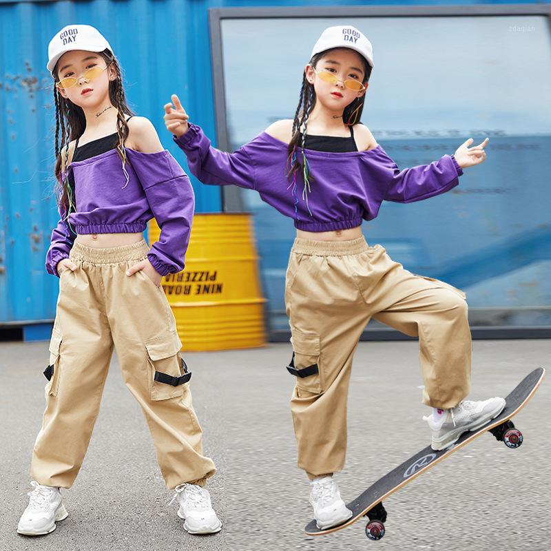 

Kid Hip Hop Off Shoulder Crop Top Long Sleeve Shirt Tactical Cargo Pants Clothing for Girl Jazz Dance Costume Clothes Streetwear1, Tops pants set