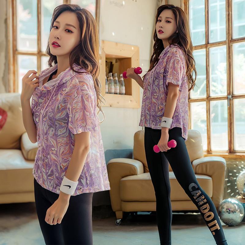 

Women's Spring Summer New Style Sports Fitness Yoga Clothes Two-Piece Set Running Hollow out Sexy Slimming Breathable Female1, Blue coat gray printing trousers