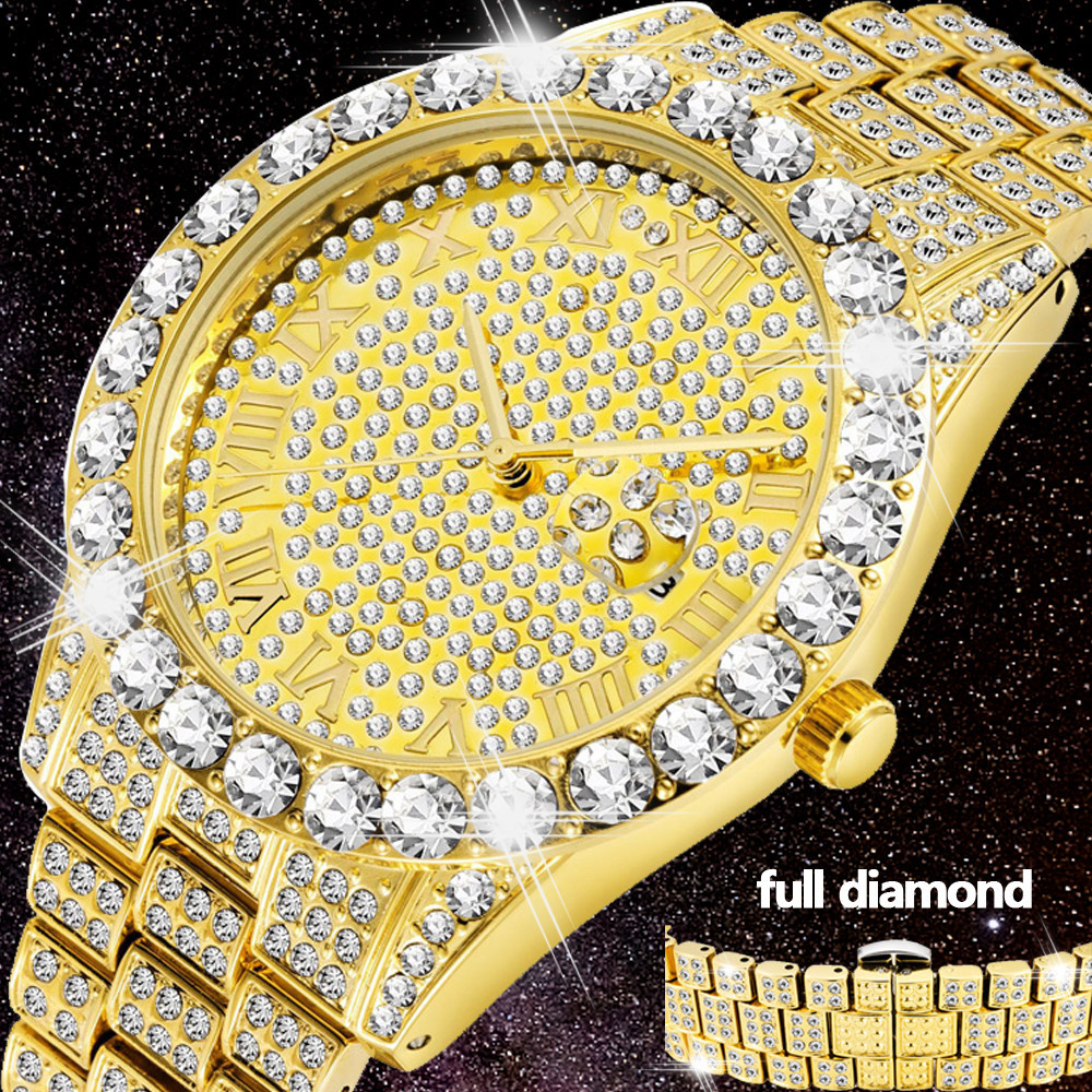 

Full Bling Large Diamond Watch For Men ICED-Out Hip Hop Mens Quartz Watches Waterproof Date Male Clock Gold Steel Relogio XFCS LJ201119, Silver green