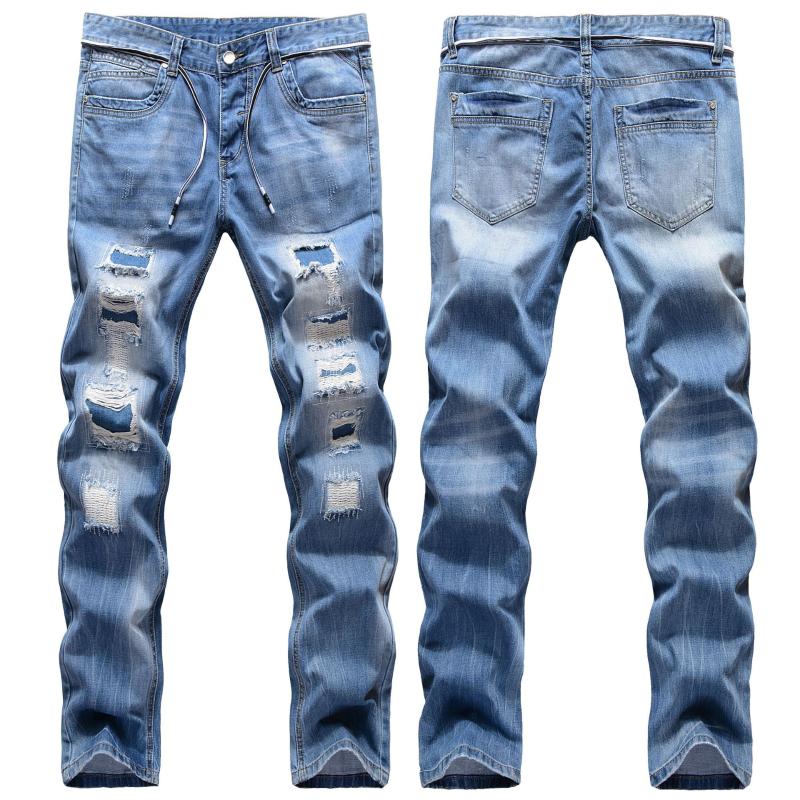 

New men's male street fashion style lanyard cut hole exposed cotton yarn bottom denim pants border embroidery straight jeans, Blue