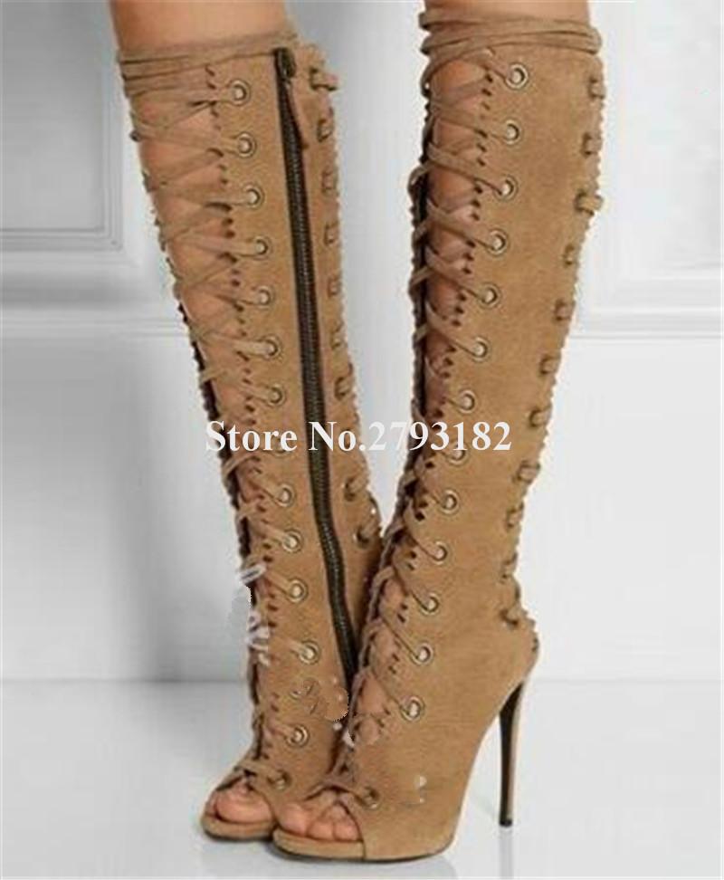 

Brand Fashion Women Open Toe Camel Black Suede Leather Thin Heel Knee High Gladiator Boots Lace-up Cut-out High Heel Boots, As picture