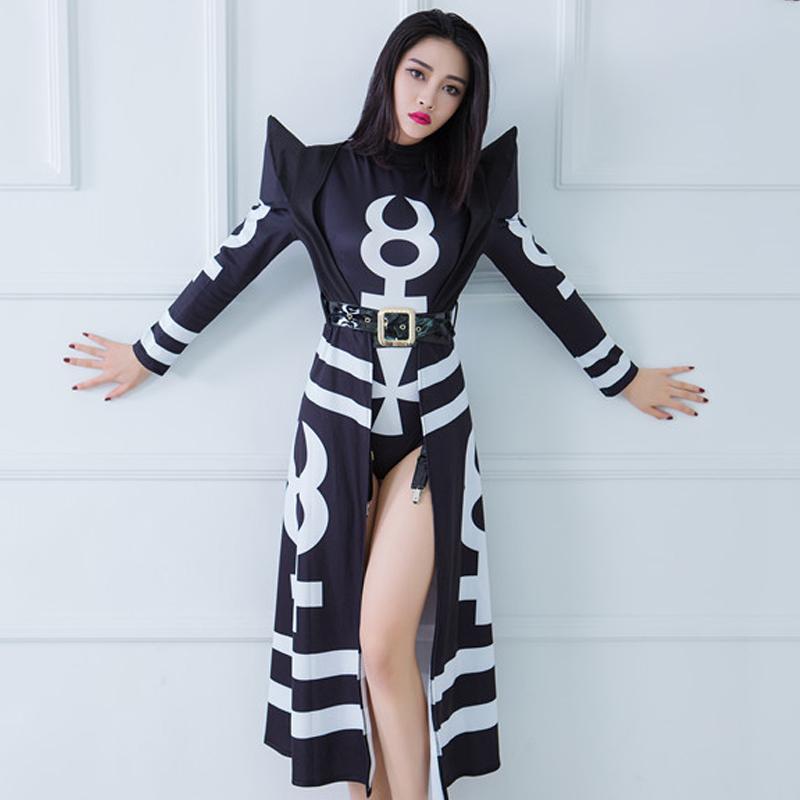

Sexy Dj Stage Clothing Female Black Long Clock Jacket Bodysuit Costume Bar Singer Dance Hip Hop Club Set Singer Dancer DWY4317, As picture
