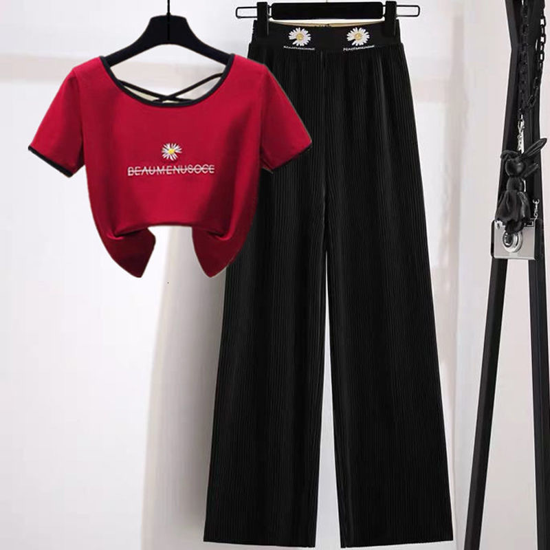 

2021 New Female Shirt + Ankle-length Pants Pieces Define Floral Feminine Fashion Printed the Neck Assembly Elastic Waistline MDI4, Red