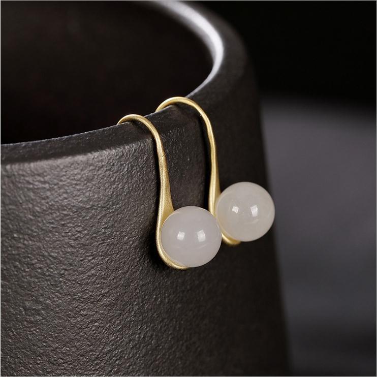 

New Silver Inlaid Natural Hetian Jade Round Bead Earrings Chinese Retro Temperament Fresh And Cold Wind Women's Brand Jewelry