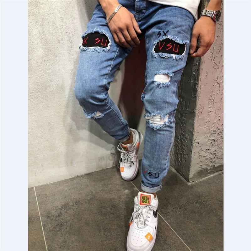 

2020 Spring Men Fashion Elastic Skinny Hole Ripped Jeans Pants Bodycon Stretch Denim Long Trousers Pencil Pants Men Clothes1, As pic