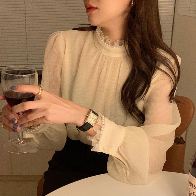 

Women's Blouses & Shirts Korean Temperament Wild Pearl Stand Thin Tops Blusas Mujer Slim Elegant Transparent Bubble Long Sleeve Shirt Women, White