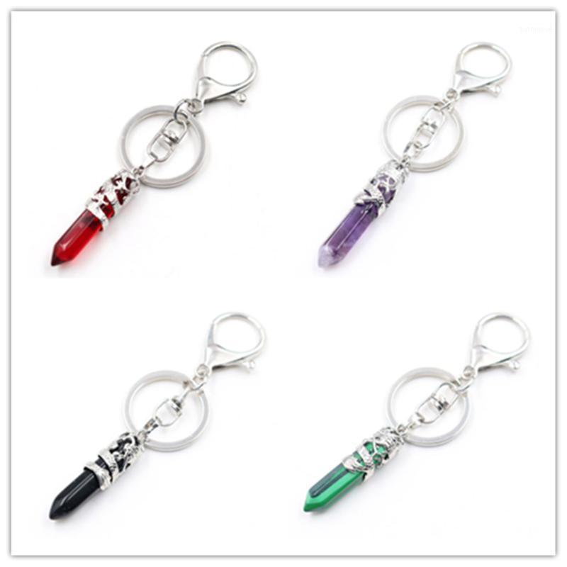 

FYJS Unique Jewelry Silver Plated Circle Lobster Clasp Many Colors Hexagon Column Stone Wrap Chinese Style Key Chain1