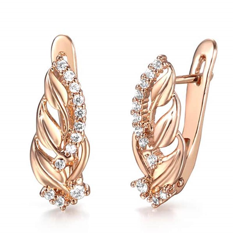 

Studs Earrings For Women Girls Leaf Shaped 585 Rose Gold Filled Paved Clear Cubic Zirconia Unusual Earring Jewelry GE265