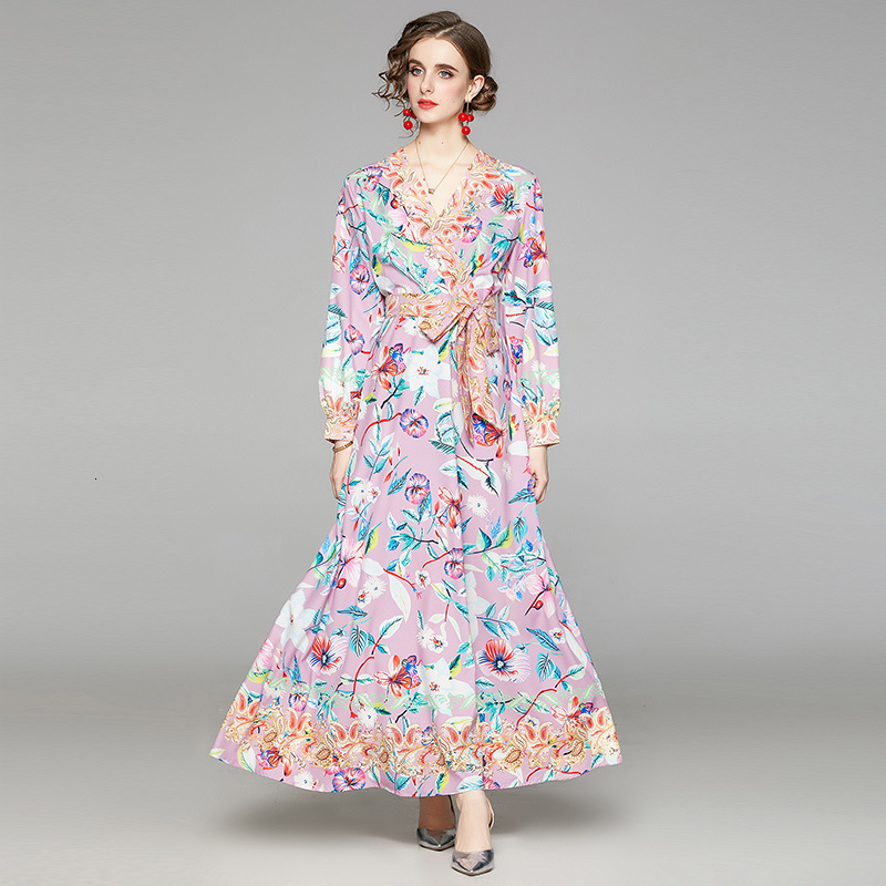 

2021 New Merchall Autumn Runway Flower Holiday Women V-neck Sleeve Charming Print Lace Up Bow Belt Long Oloe, The picture color