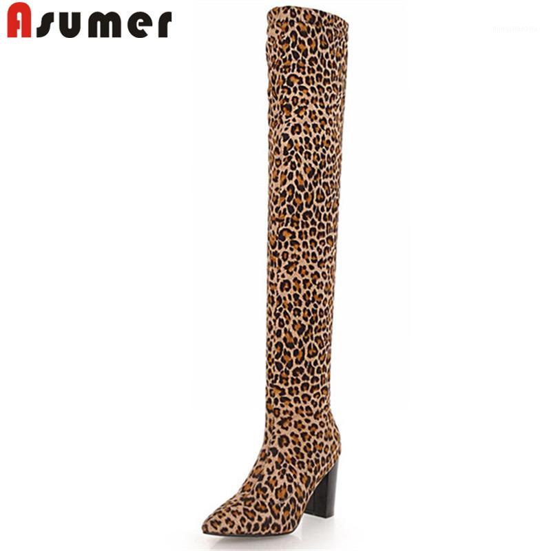 

ASUMER big size 34-43 fashion over the knee boots pointed toe flock square heel Leopard Print ladies prom long boots 2020 new1, Black