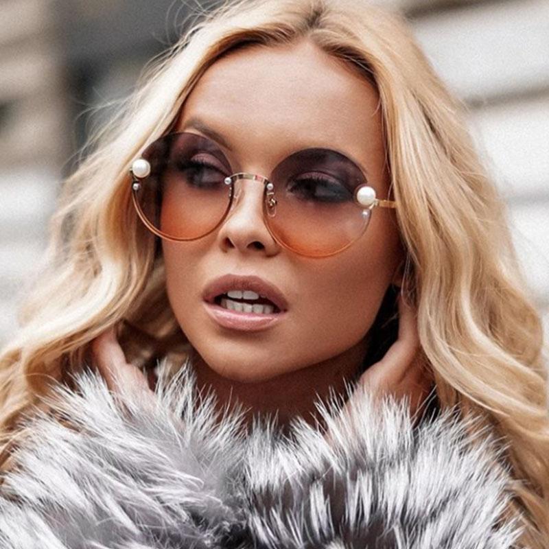 

Sunglasses Luxury Designer Rimless Pearl For Women Gradient Gray Orange Lens Unique Fashion Shades Vintage Round Glasses